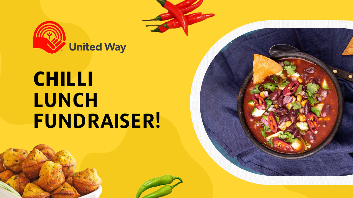 United Way chilli lunch promo depicting a bowl of chilli and corn bread